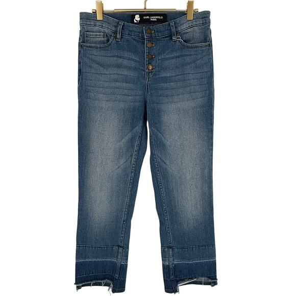 Karl Lagerfeld Paris Jeans Light Wash Denim Frayed Hem Kick Flare Women's Sz 6 - Picture 1 of 9